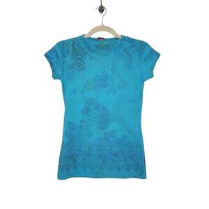 Vintage y2k Babydoll Shirt Paisley Groovy Hippie Small Blue Boho Top Pia